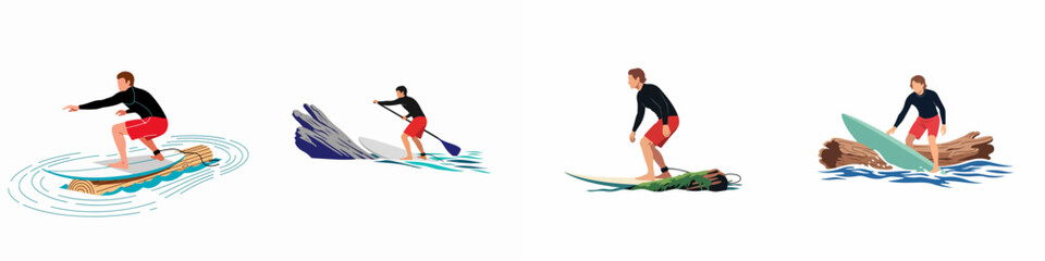 Vector illustration set of men surfing and paddleboarding on logs and surfboards in the ocean, isolated on white background. © Reno