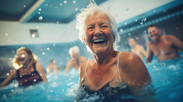 Seniors Enjoying Aqua Aerobics: A group of happy, active seniors participate in an invigorating aqua aerobics class, their faces alight with laughter and enjoyment in the warm, splashing water.