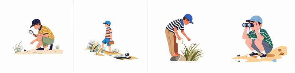 Collection of illustrations showing young boys as curious nature explorers, observing insects with magnifying glasses and binoculars in various outdoor environments.