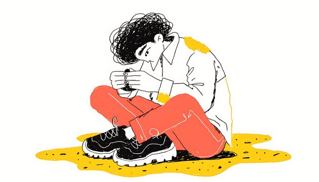 Handmade Illustration of a Pensive Person Sitting Alone in Contemplation and Reflective Solitude