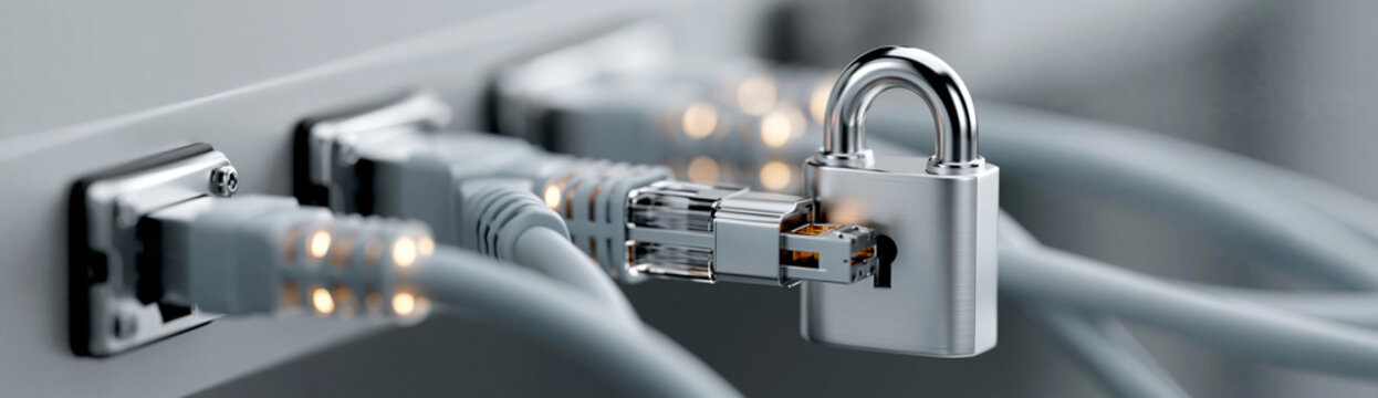 A server room with glowing data cables and a padlock icon overlay, emphasizing cybersecurity in data centers. The image is arranged to provide substantial copy space for text.