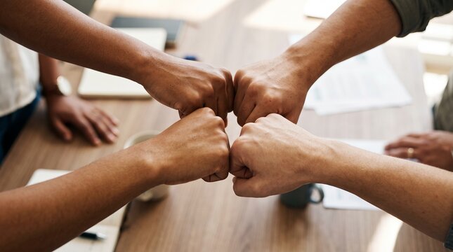Top view of diverse business team doing a group fist bump above wooden office desk