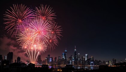 Fototapeta premium Massive city fireworks display over skyline at night. Vibrant pyrotechnic celebration lighting up urban landscape with colorful explosions.