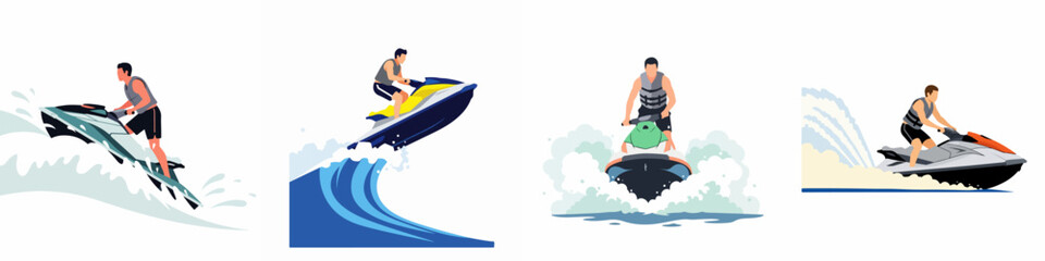 Set of illustrations featuring men riding jet skis on waves, capturing the excitement of water sports and summer adventure in a flat style. © Reno