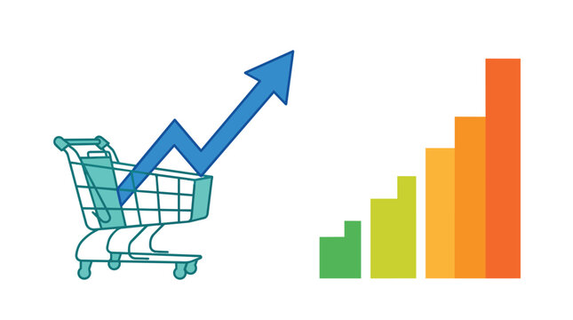 E-commerce sales growth and consumer price inflation with shopping cart and rising bar chart vector illustration for retail market analysis