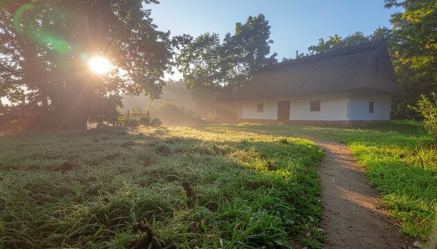 Traditional thatched roof cottage in rural sunrise landscape