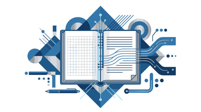 Abstract vector illustration of an open notebook featuring grid and ruled pages, integrated with blue geometric diamonds, technical circuit lines, and a pen on a plain white background.