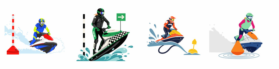 Set of vector illustrations featuring professional jet ski riders performing slalom maneuvers and racing around buoys in the open water. © Reno