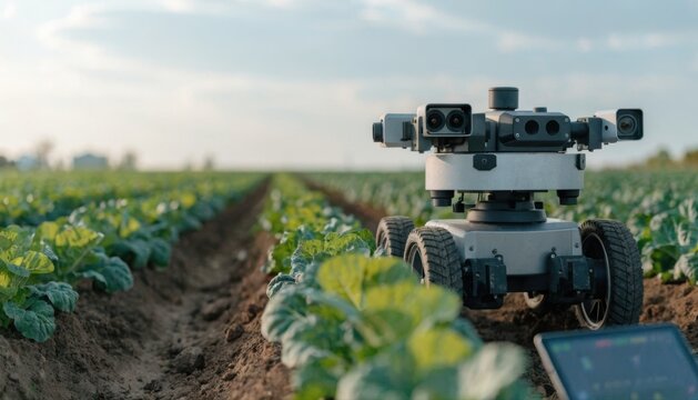 A robotic machine equipped with multiple cameras operates in a vegetable field, monitoring and analyzing crops for precision agriculture.
