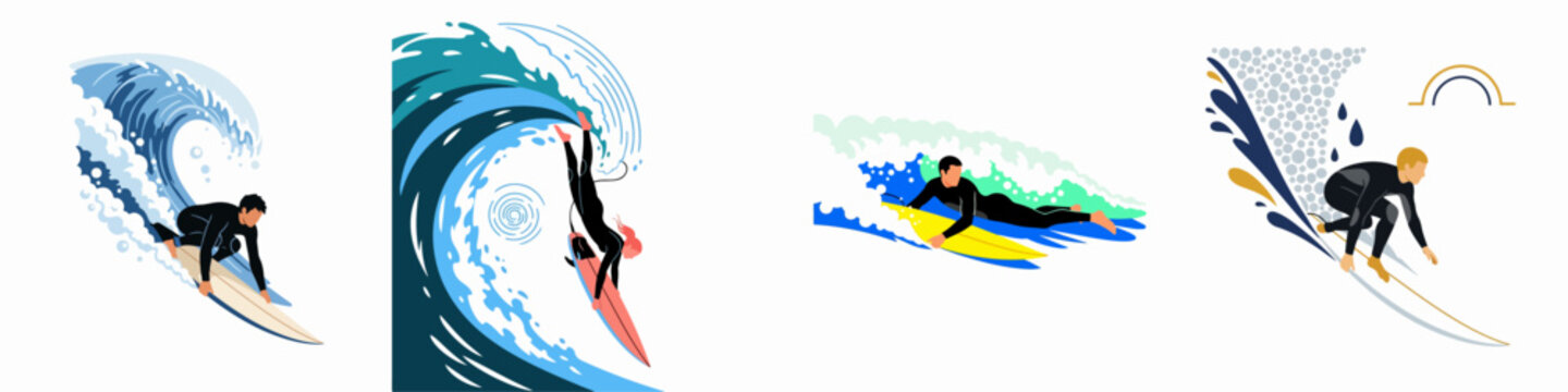 Set of four stylized flat design illustrations depicting surfers in black wetsuits catching large ocean waves and performing various surfing maneuvers.