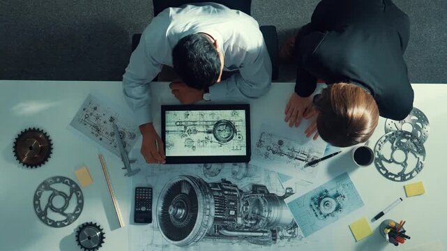 Top view of smart project manager sitting while colleague walking at meeting. Professional engineer looking at turbine engine or electronic generator while colleague asking question. Alimentation.