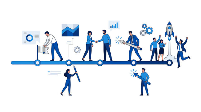 Business process timeline illustration featuring diverse professionals collaborating on milestones, handshake for partnership, data charts for growth, and a rocket launch for startup success.