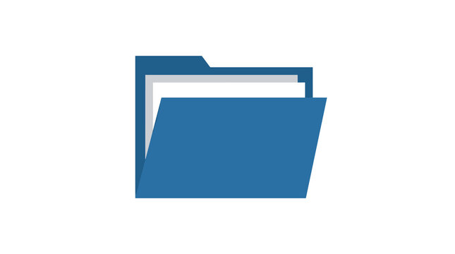 Minimalist blue file folder icon illustration featuring an open tab and white documents inside, isolated on white background for business organization and digital storage concepts.