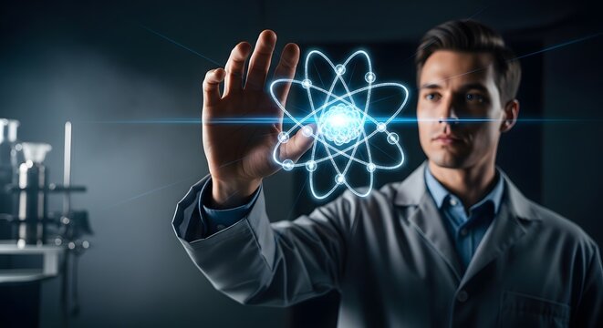 Scientist interacting with a glowing digital atom model in a laboratory.