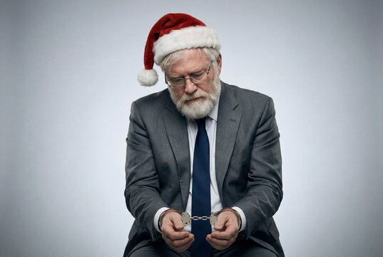 Sad businessman wearing santa hat and handcuffs under arrest