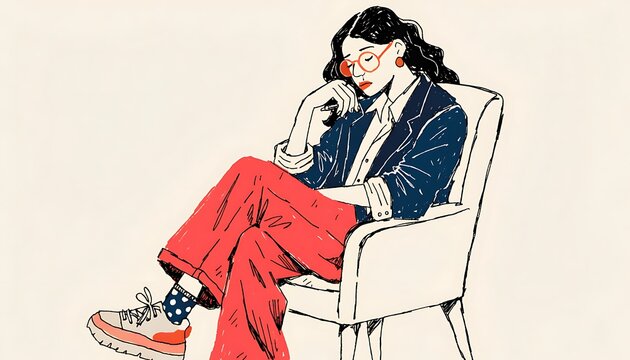 Handmade Illustration of Thoughtful INTP Woman Sitting in Armchair with Glasses and Casual Outfit
