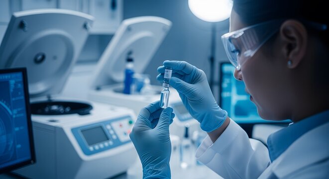 Scientist examining a medical vial in a modern laboratory.