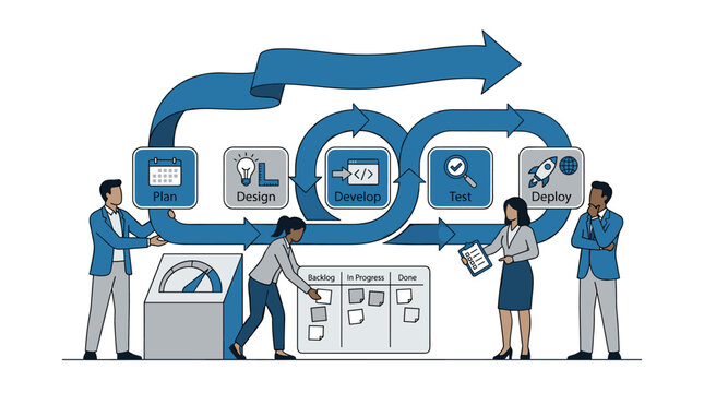 Agile software development lifecycle illustration featuring diverse business team managing workflow stages: Plan, Design, Develop, Test, and Deploy with Kanban board on white background.