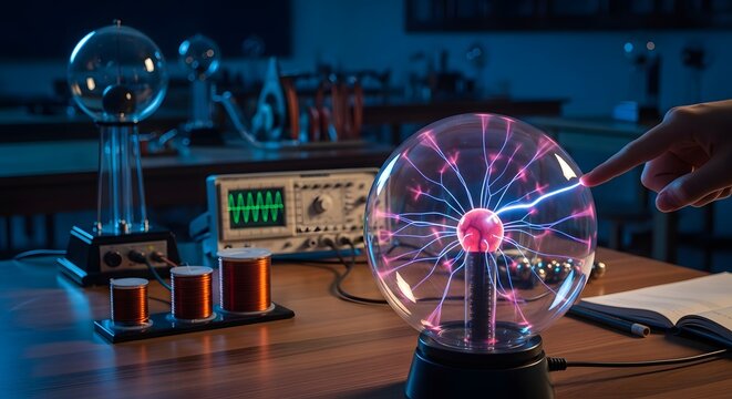 Plasma ball and scientific equipment on a laboratory table.