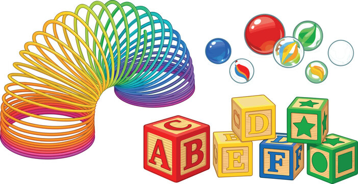 Classic Children Toys Vector Illustration Set Featuring Colorful Rainbow Slinky Coiled Spring Glass Marbles and Wooden Alphabet ABC Learning Blocks