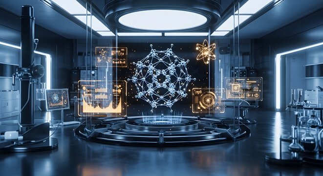 Futuristic laboratory interior with a glowing molecular structure and holographic data displays.