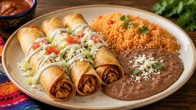 Rolled taquitos served with rice and beans on plate