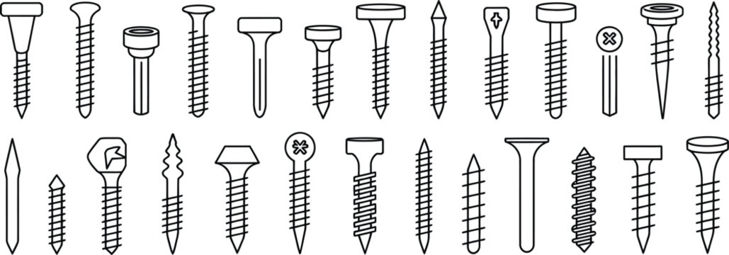 Metal fasteners outline icon set featuring screws bolts nuts and hardware vector illustration