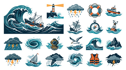 Obraz premium Nautical Weather Icons: Ship, Storm, Lighthouse, Lifebuoy, Compass, Vest