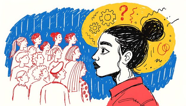 Handmade illustration of a thoughtful introverted woman observing a crowd of people