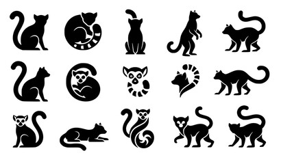 Minimal Ring Tailed Lemur Black Silhouette Vector Icon Set © MdShafikul