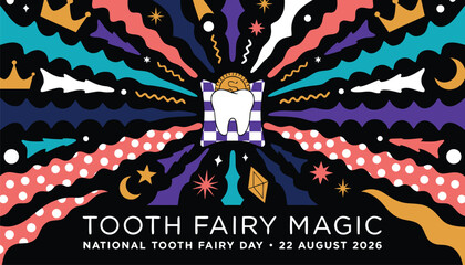 Fototapeta premium Colorful tooth fairy magic illustration for national tooth fairy day