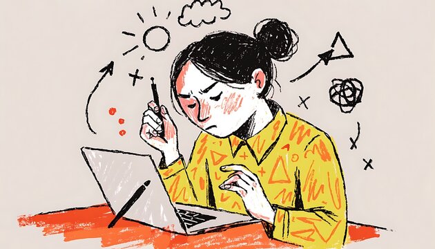 Handmade illustration of an INTP personality type feeling overwhelmed while working on a laptop