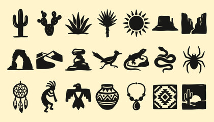 Obraz premium Southwestern desert silhouettes and nature icons for travel branding