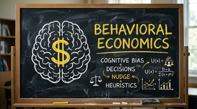 Chalkboard with behavioral economics diagram with displays blackboard featuring chalk drawing brain dollar sign illustration intelligence handwritten