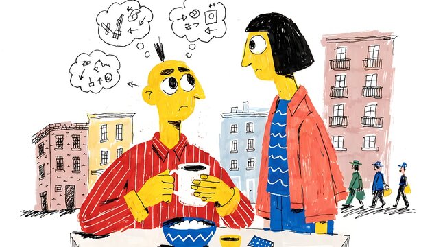 Whimsical illustration of two friends having a thoughtful morning chat in the city, with one character brainstorming complex ideas and symbols above their head