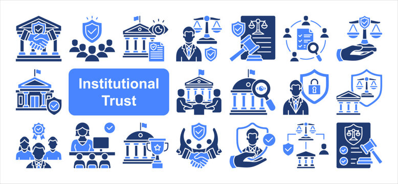 Institutional Trust icon set, with Ethical Leadership, Responsible Leadership, Organizational Integrity, Policy Integrit.