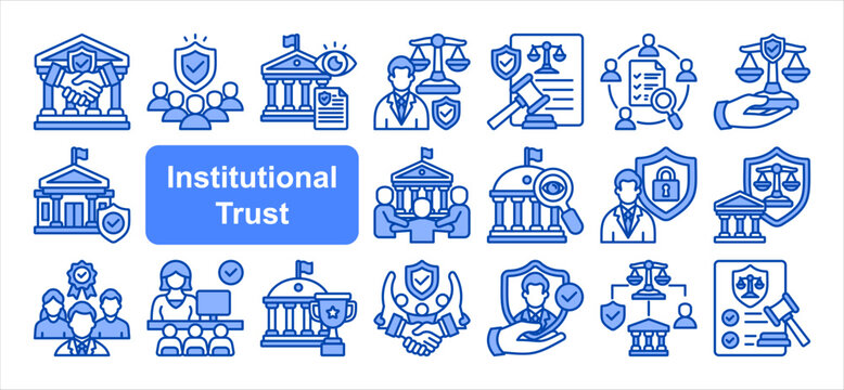 Institutional Trust icon set, with Civic Responsibility, Public Service Quality, Community Partn.