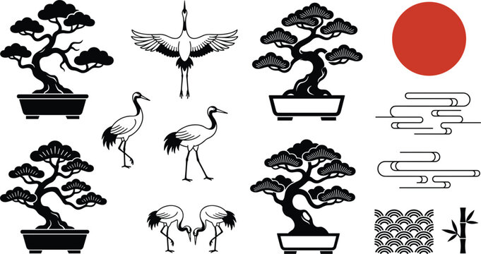 Set of traditional Japanese vector icons featuring red sun red-crowned cranes flying and wading bonsai pine trees clouds and wave pattern