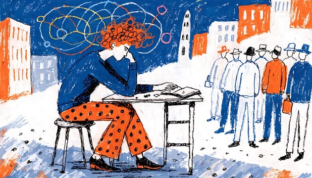 Colorful illustration of a person with red hair thinking creatively, surrounded by a city crowd. Depicts introspection, brainstorming, and societal observation in an urban setting
