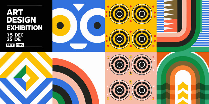 art design exhibition poster with bold geometric patterns shapes abstract colorful graphic modern visual creative event promotion culture museum gallery display text layout