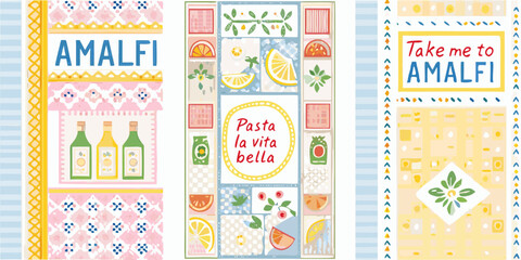 italian themed product labels vector illustration amalfi pasta lemons wine bottles travel design pattern food culture graphic art icon logo branding marketing packaging © Tarun