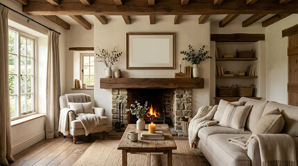 Obraz premium Rustic Living Room Retreat: A cozy and inviting living room featuring a stone fireplace with a crackling fire, comfortable sofa and armchair draped with soft blankets, and rustic wooden beams.