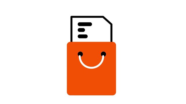 Flat icon of an orange shopping bag with a smiling face and a paper document with lines representing a shopping receipt or list suitable for modern