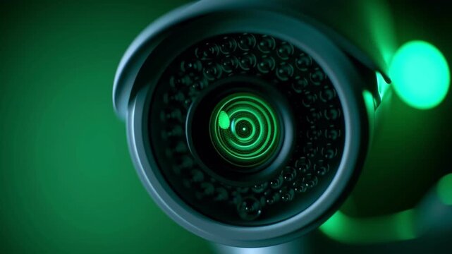 Security camera lens surveillance video monitor system green light closeup, modern metal detail, dark background, macro optics focus