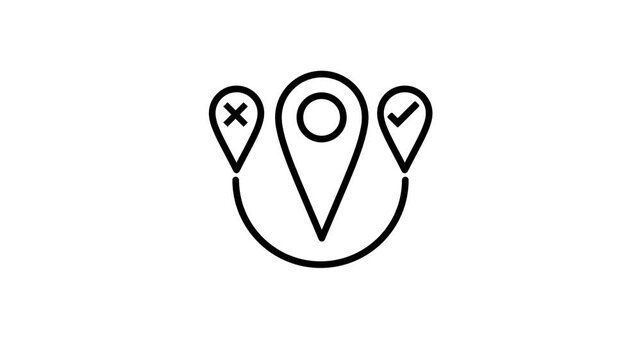 Outline icon of three map location pins marked with a cross, a circle and a checkmark representing navigation choices selection perfect for use in design