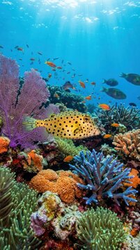 Small spotted boxfish swimming gracefully near vibrant colorful coral reef