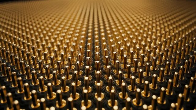 Close-up of a CPU socket with numerous golden pins in a grid pattern