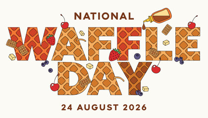 Colorful national waffle day typography design with delicious berry fruit toppings © Vectyx
