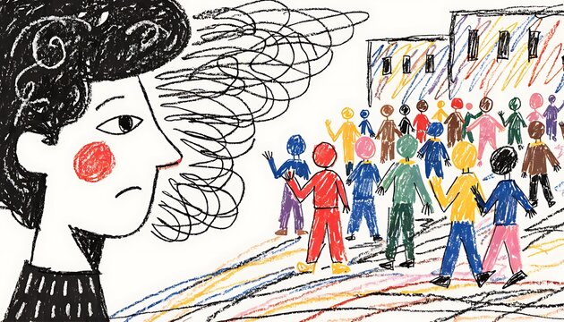 Meaningful Hand Drawn Illustration Depicting Social Anxiety and Feeling Overwhelmed in a Crowded Urban Environment