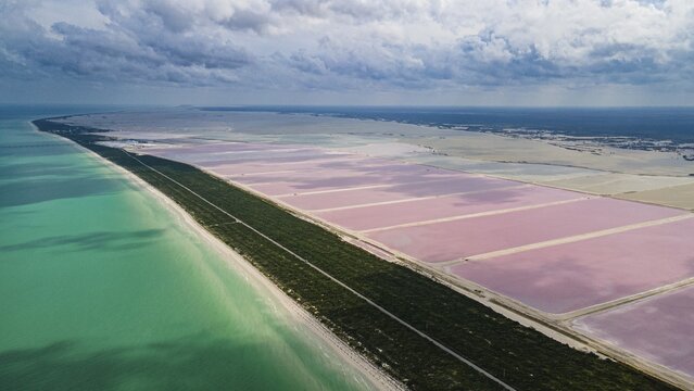 Aerial of the colourful salinas of Las Coloradas, Yucatan, Mexico